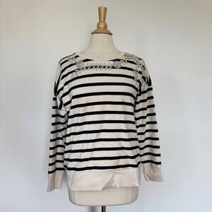 Blue and Off White Striped Pearl Beaded Rhinestone Sweatshirt